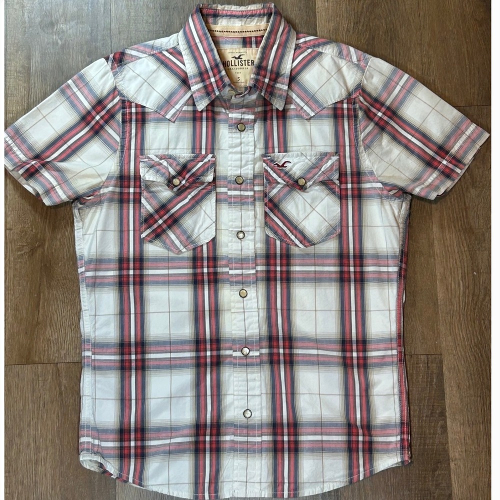 Y2K Hollister Mens Short Sleeve Western Pearl Snap Plaid Shirt Southwestern Polo